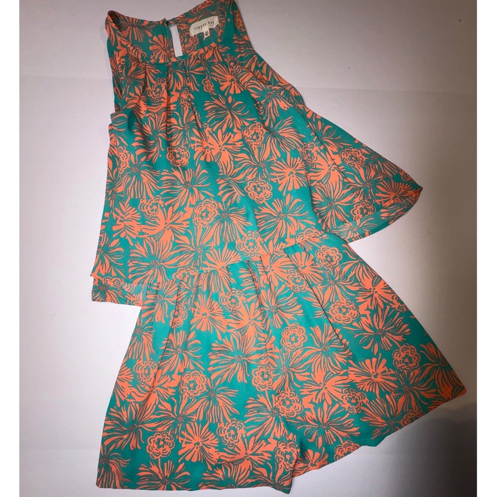 Copper Key Women Teal Orange Floral Print Sleeveless Tiered Shorts romper XS‎